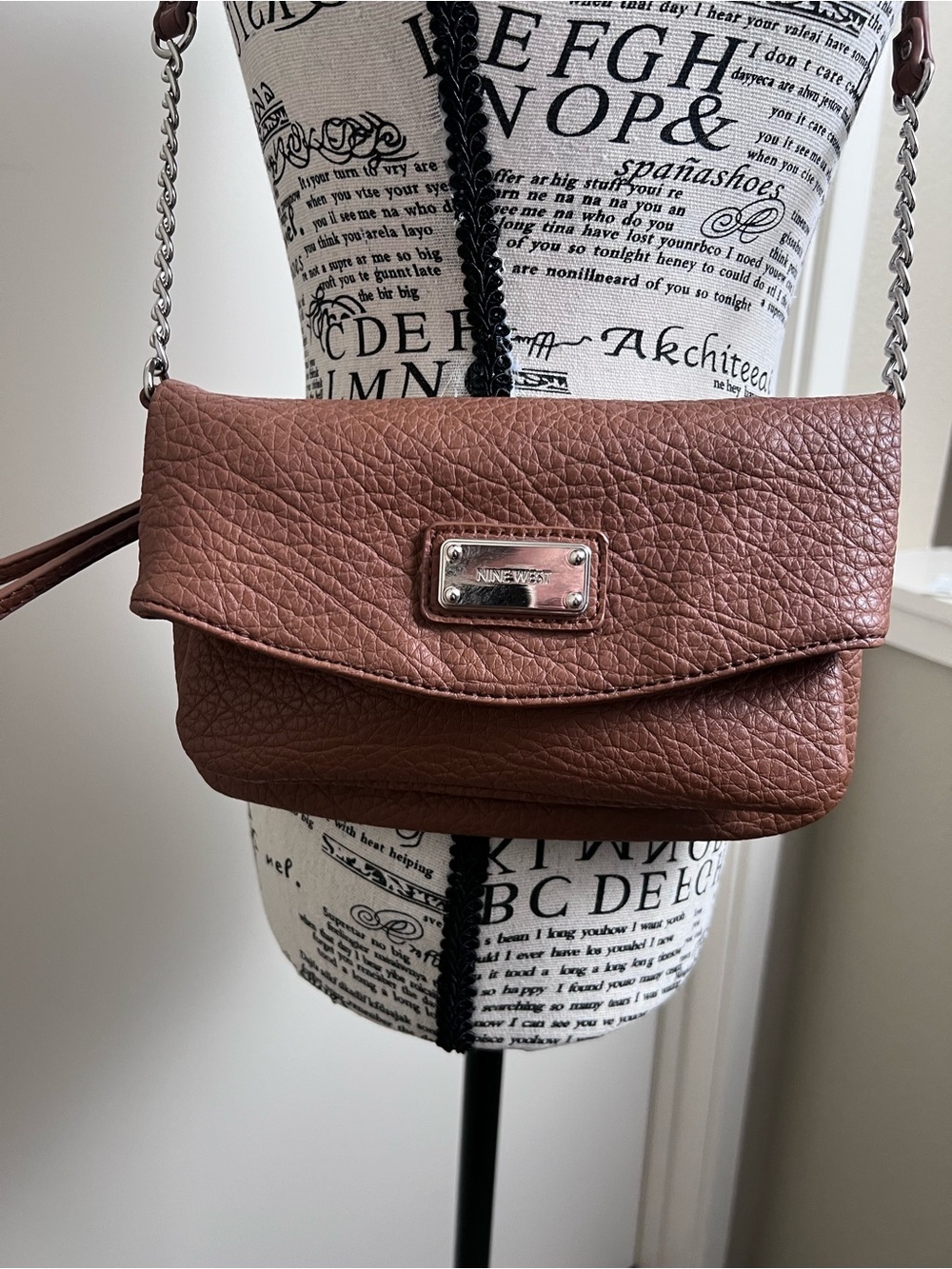 Nine West Brown Pebbled Crossbody convertible Wallet Purse Foldover Chain Strap
